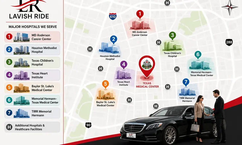 Map of Texas Medical Center hospitals served by Lavish Ride with private chauffeur transportation throughout Houston. 